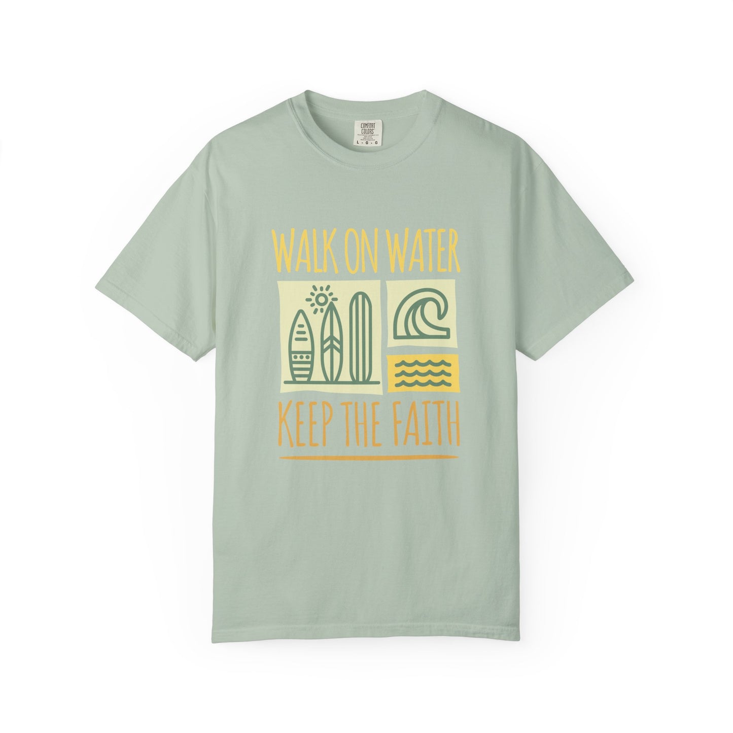T-shirt with yellow Walk On Water Keep The Faith text, retro surfboard graphics and teal wave designs