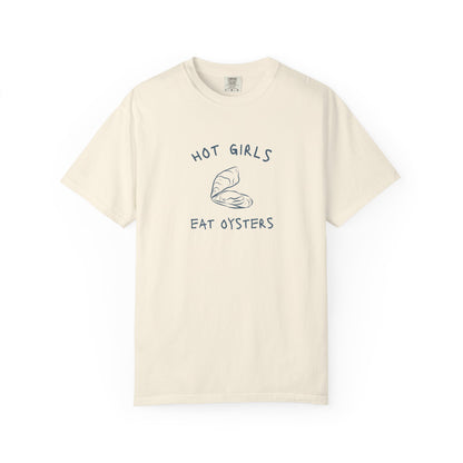 T-shirt with 'Hot Girls Eat Oysters' text and minimalist oyster shell illustration in blue tones