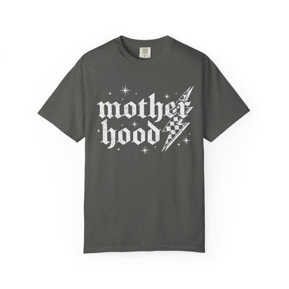T-shirt with gothic Mother Hood text, lightning bolt graphics, and checkerboard pattern elements