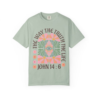 Christian t-shirt with John 14:6 verse and decorative floral mandala in pink, coral, and green