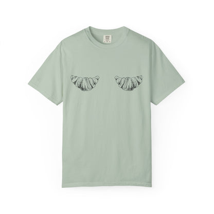 T-shirt with black and white hand-drawn croissant illustrations in vintage sketch style