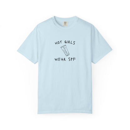 T-shirt with 'Hot Girls Wear SPF' text and sunscreen tube graphic in black minimalist design