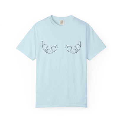 T-shirt with hand-drawn croissant illustrations featuring detailed pastry sketches