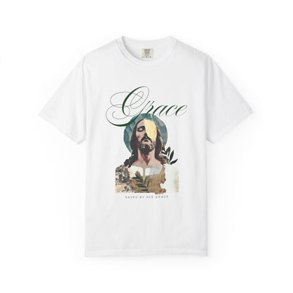 Christian t-shirt featuring artistic Jesus portrait with Grace text and cross design in vintage style