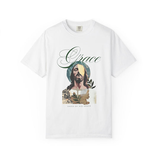 Christian t-shirt featuring artistic Jesus portrait with Grace text and cross design in vintage style