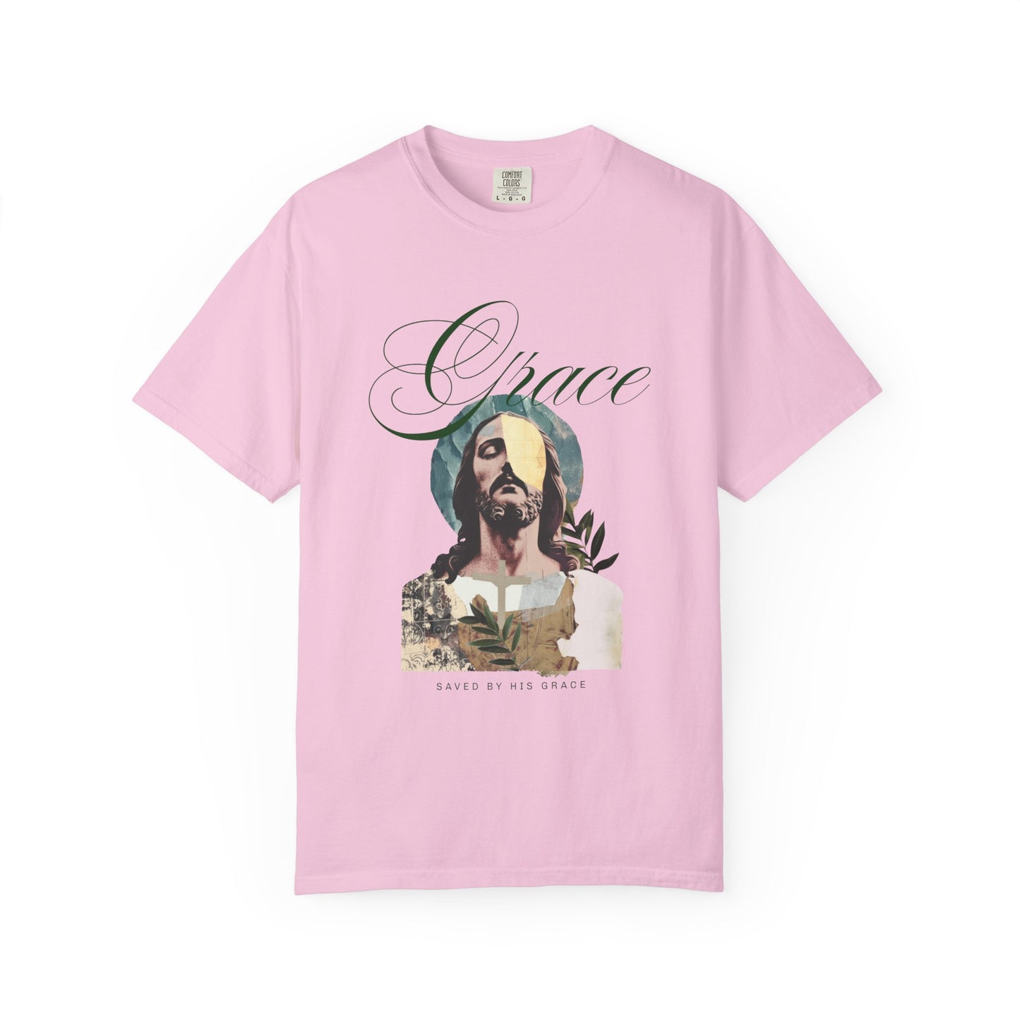 Christian t-shirt featuring artistic Jesus portrait with Grace text and cross design in vintage style