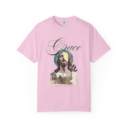 Christian t-shirt featuring artistic Jesus portrait with Grace text and cross design in vintage style