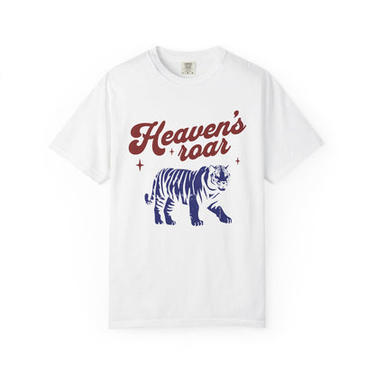 T-shirt with retro Heaven's roar text in red and blue tiger graphic design