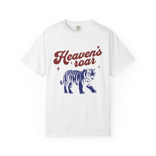 T-shirt with retro Heaven's roar text in red and blue tiger graphic design