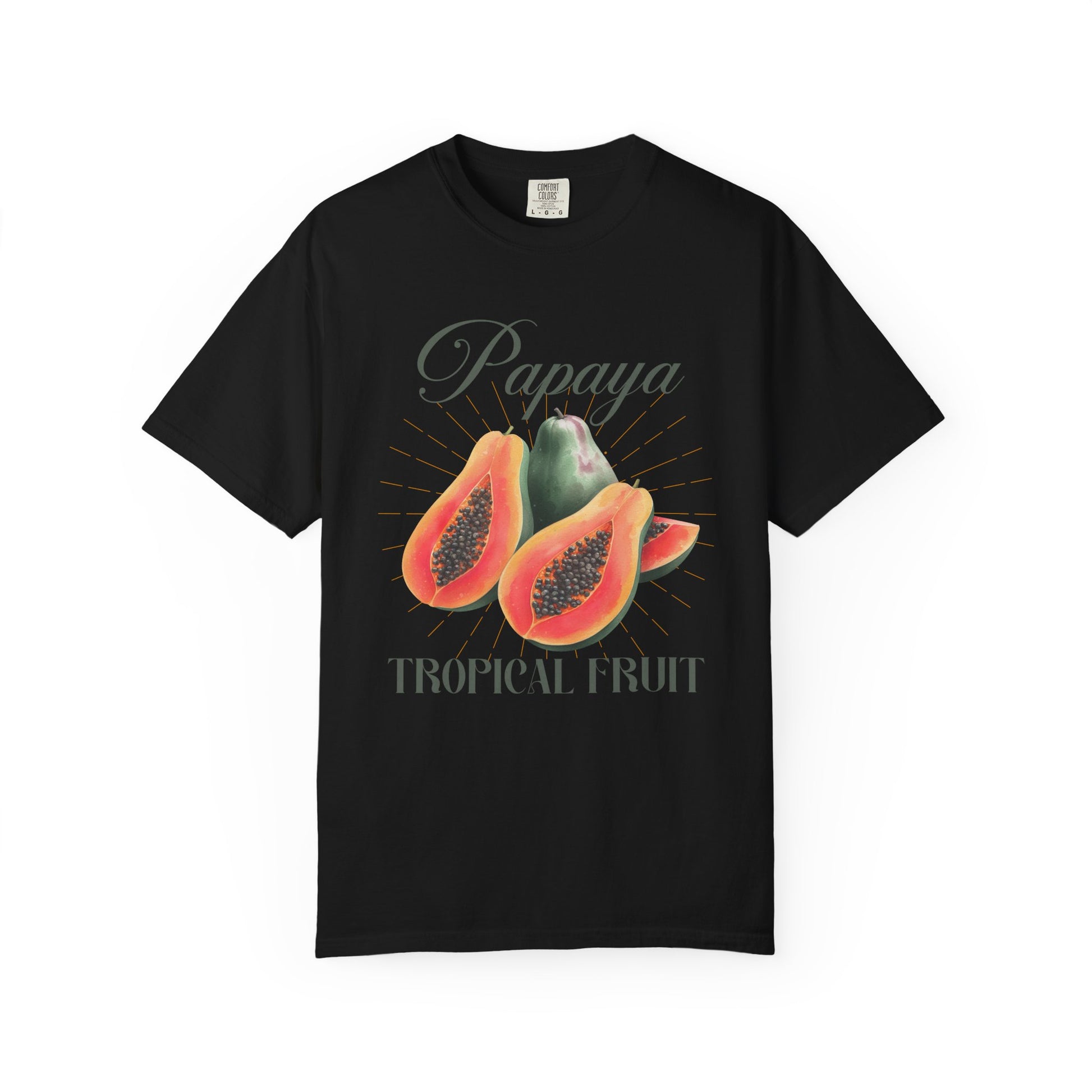 T-shirt featuring watercolor papaya fruits with golden sunburst rays and elegant Papaya script text