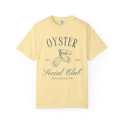 T-shirt with vintage oyster social club design featuring three detailed oyster illustrations