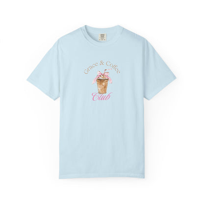 T-shirt with watercolor coffee cup design featuring pink bow and Grace & Coffee Club text