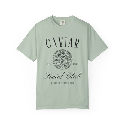 T-shirt with vintage caviar social club logo featuring caviar tin graphic and elegant typography