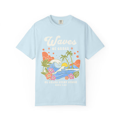 T-shirt with tropical ocean waves, palm trees, hibiscus flowers and 'Waves of Grace' scripture design