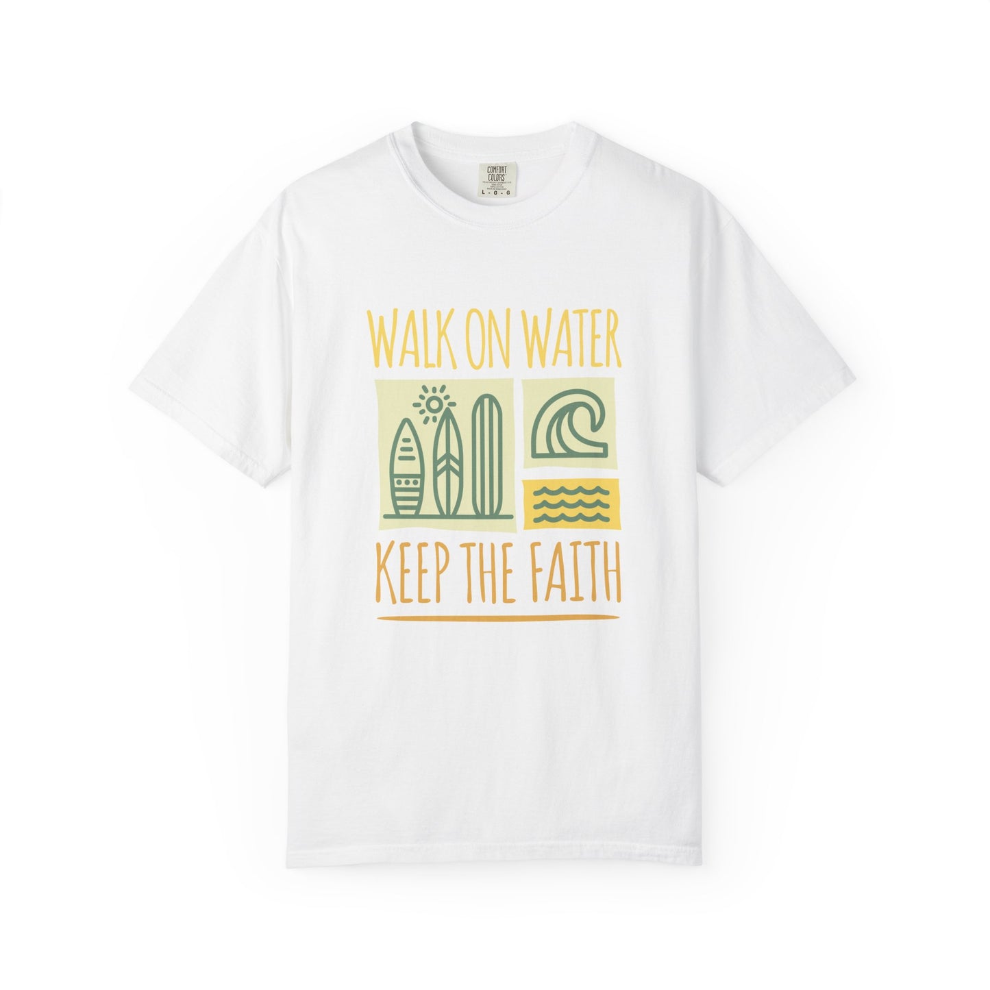 T-shirt with yellow Walk On Water Keep The Faith text, retro surfboard graphics and teal wave designs