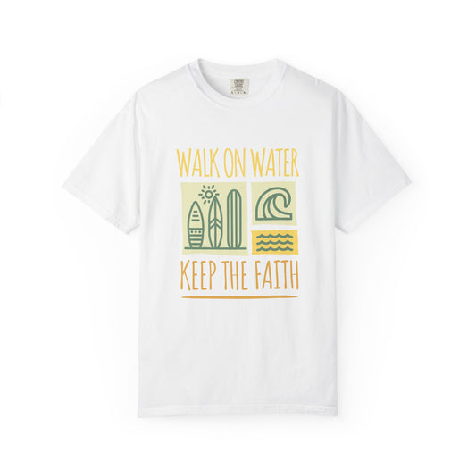 T-shirt with yellow Walk On Water Keep The Faith text, retro surfboard graphics and teal wave designs