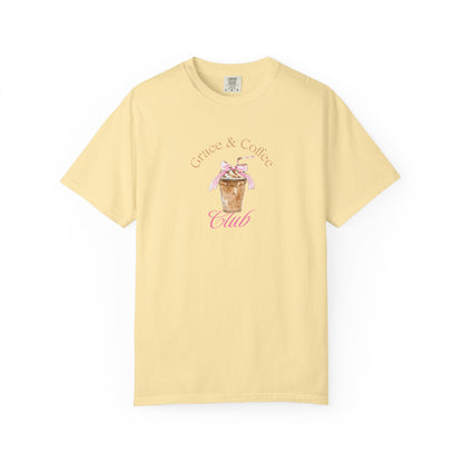 T-shirt with watercolor coffee cup design featuring pink bow and Grace & Coffee Club text
