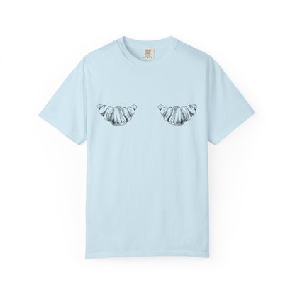 T-shirt with black and white hand-drawn croissant illustrations in vintage sketch style