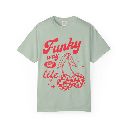 T-shirt with red retro cherry design featuring checkered disco ball cherries and funky typography