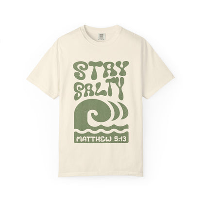 Stay Salty Matthew 5:13 t-shirt with retro wave design in sage green christian graphic