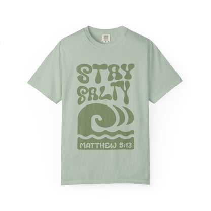 Stay Salty Matthew 5:13 t-shirt with retro wave design in sage green christian graphic