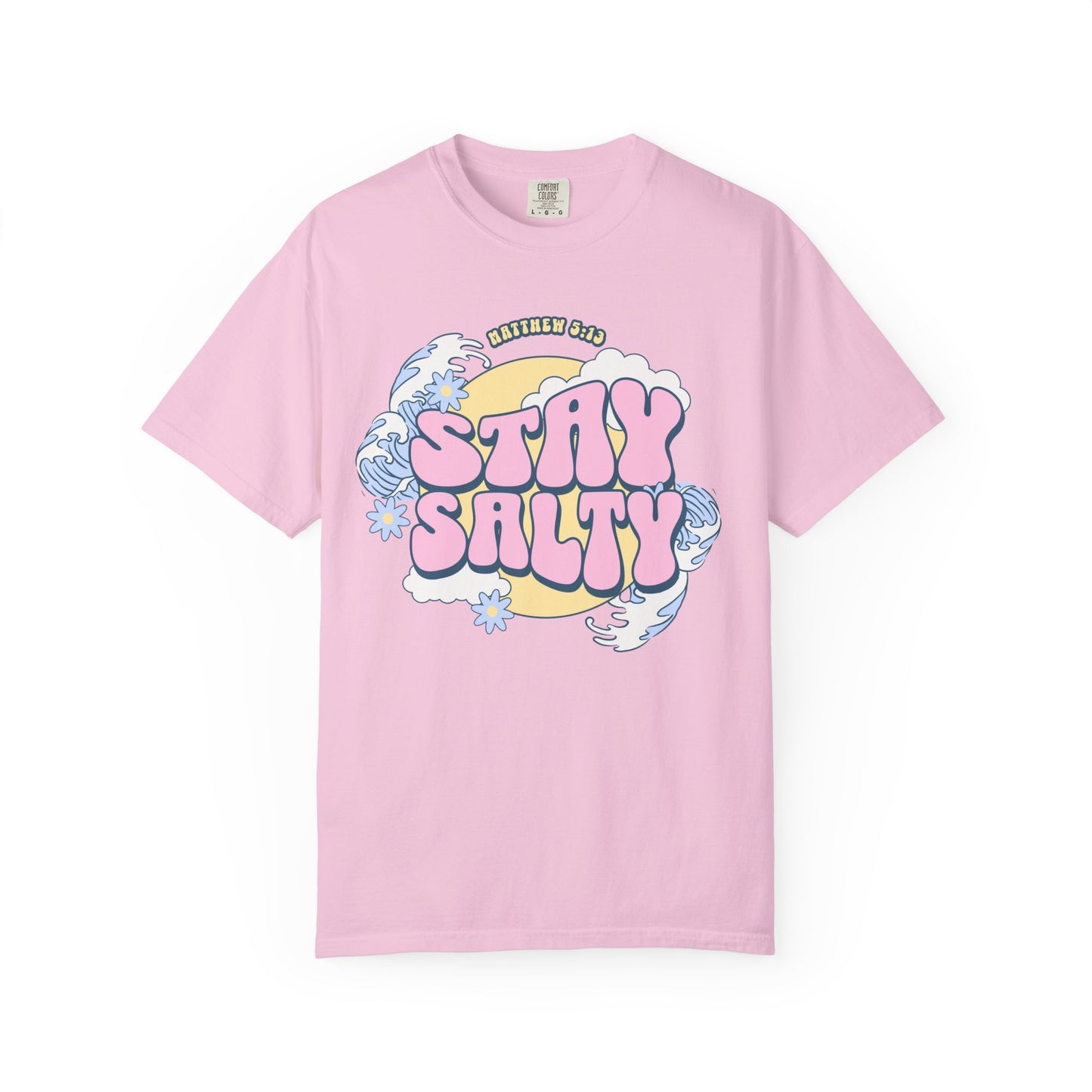 T-shirt with wavy font Stay Salty Matthew 5:13 text in pink bubble letters with ocean waves and flowers