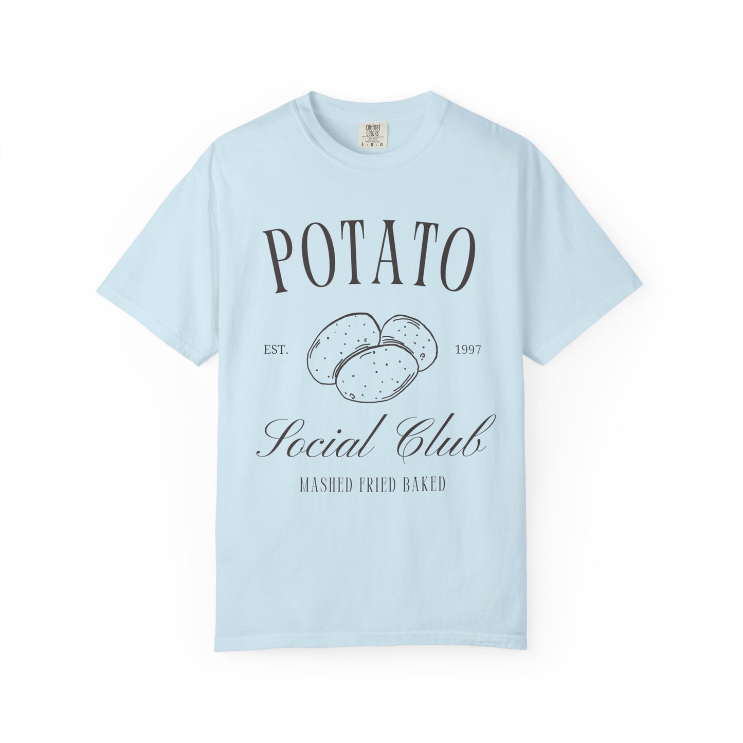 T-shirt with vintage Potato Social Club design featuring hand-drawn potatoes and brown text