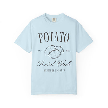 T-shirt with vintage Potato Social Club design featuring hand-drawn potatoes and brown text