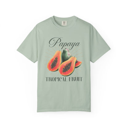 T-shirt featuring watercolor papaya fruits with golden sunburst rays and elegant Papaya script text
