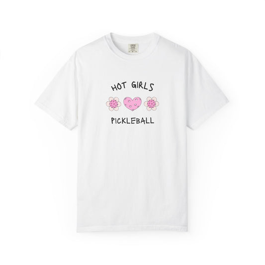 T-shirt with 'Hot Girls Pickleball' text and pink pickleballs designed as flowers and heart