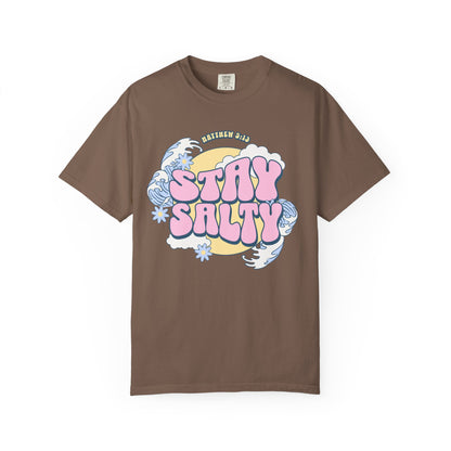 T-shirt with wavy font Stay Salty Matthew 5:13 text in pink bubble letters with ocean waves and flowers