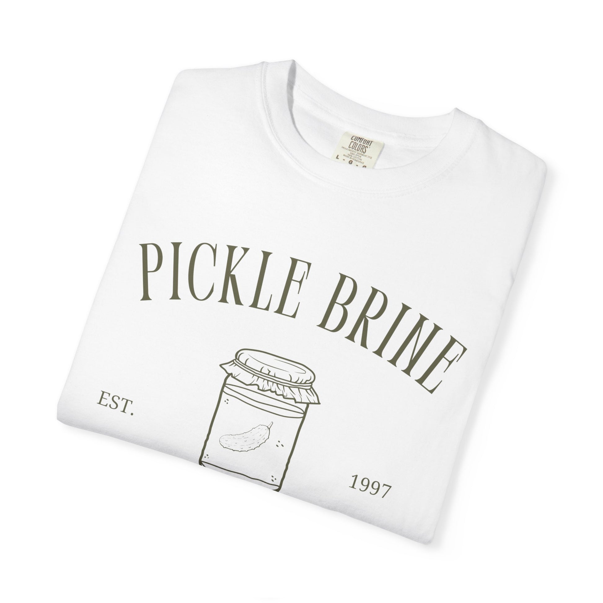 T-shirt with vintage pickle brine social club design featuring mason jar with pickle illustration