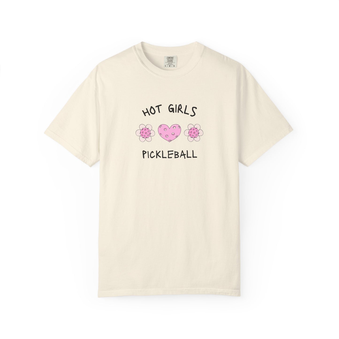 T-shirt with 'Hot Girls Pickleball' text and pink pickleballs designed as flowers and heart