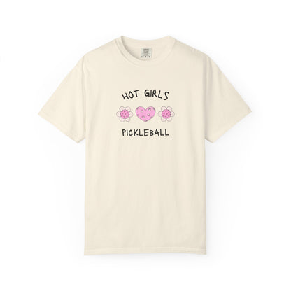 T-shirt with 'Hot Girls Pickleball' text and pink pickleballs designed as flowers and heart