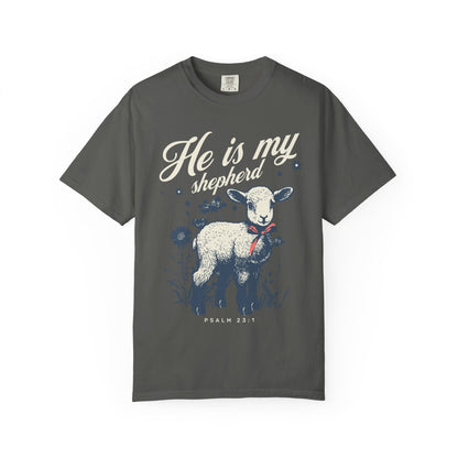 Christian t-shirt featuring adorable lamb with wildflowers and 'He Is My Shepherd' text in teal