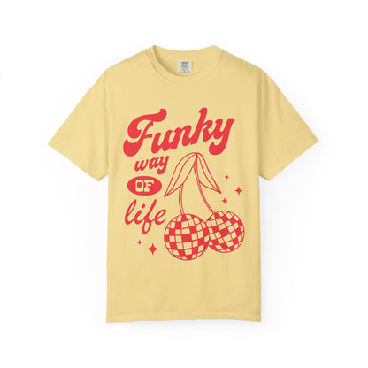 T-shirt with red retro cherry design featuring checkered disco ball cherries and funky typography