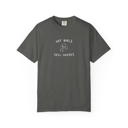 T-shirt with 'Hot Girls Sell Houses' text and hand-drawn house keys illustration in black