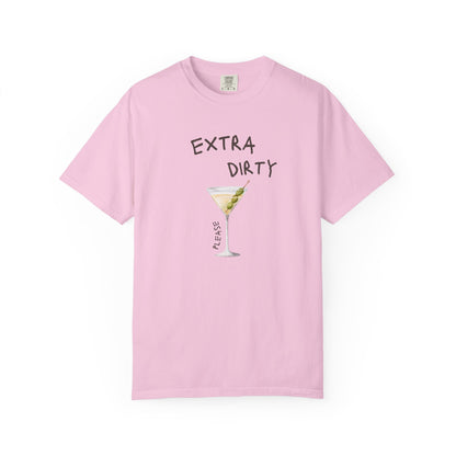 T-shirt design with martini glass filled with clear liquid and three green olives on a pick