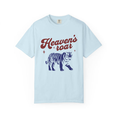 T-shirt with retro Heaven's roar text in red and blue tiger graphic design