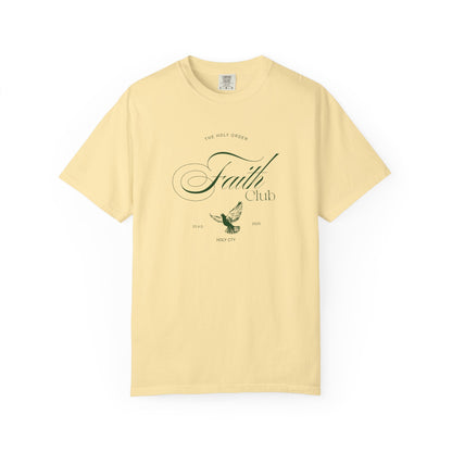 T-shirt with The Holy Order Faith Club text in elegant script with dove design and 33 A.D. Holy City details