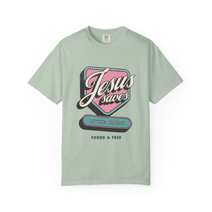T-shirt with retro Jesus Saves design in pink and blue with distressed vintage styling