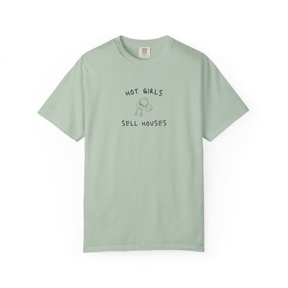 T-shirt with 'Hot Girls Sell Houses' text and hand-drawn house keys illustration in black