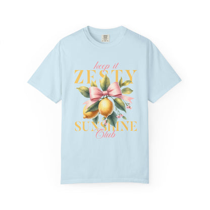 T-shirt with Keep It Zesty Sunshine Club text featuring watercolor lemons with pink bow and green leaves