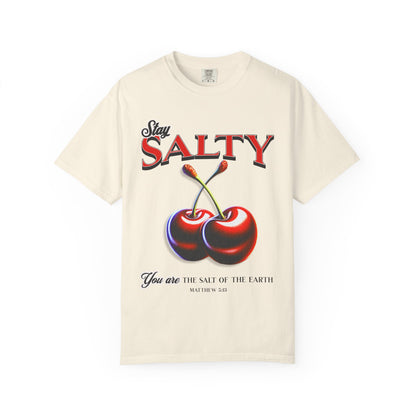T-shirt with retro Stay Salty text and vintage cherry design featuring Matthew 5:13 scripture