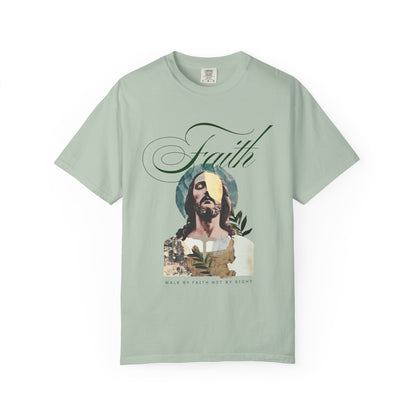 Jesus t-shirt with artistic collage design featuring Christ's face and Walk By Faith Not By Sight text