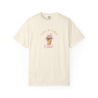T-shirt with watercolor coffee cup design featuring pink bow and Grace & Coffee Club text