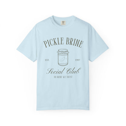 T-shirt with vintage pickle brine social club design featuring mason jar with pickle illustration