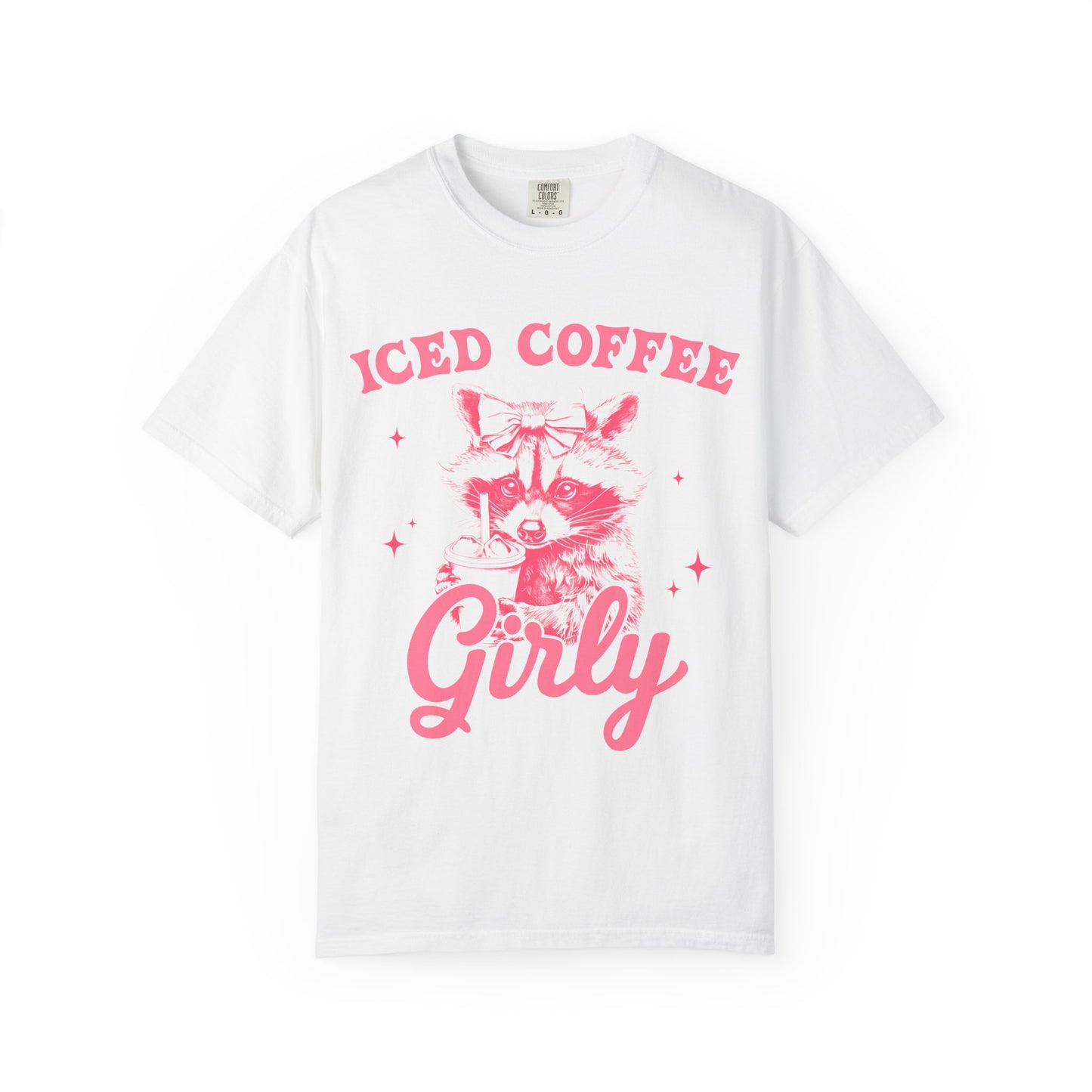 T-shirt with pink raccoon wearing bow holding iced coffee cup with 'Iced Coffee Girl' text and stars