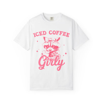 T-shirt with pink raccoon wearing bow holding iced coffee cup with 'Iced Coffee Girl' text and stars