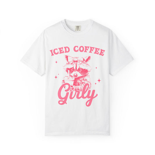 T-shirt with pink raccoon wearing bow holding iced coffee cup with 'Iced Coffee Girl' text and stars